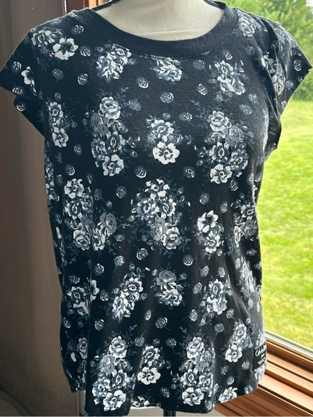 Calvin Klein Jeans Black Floral Raw Cut Cap Sleeve Graphic Top M